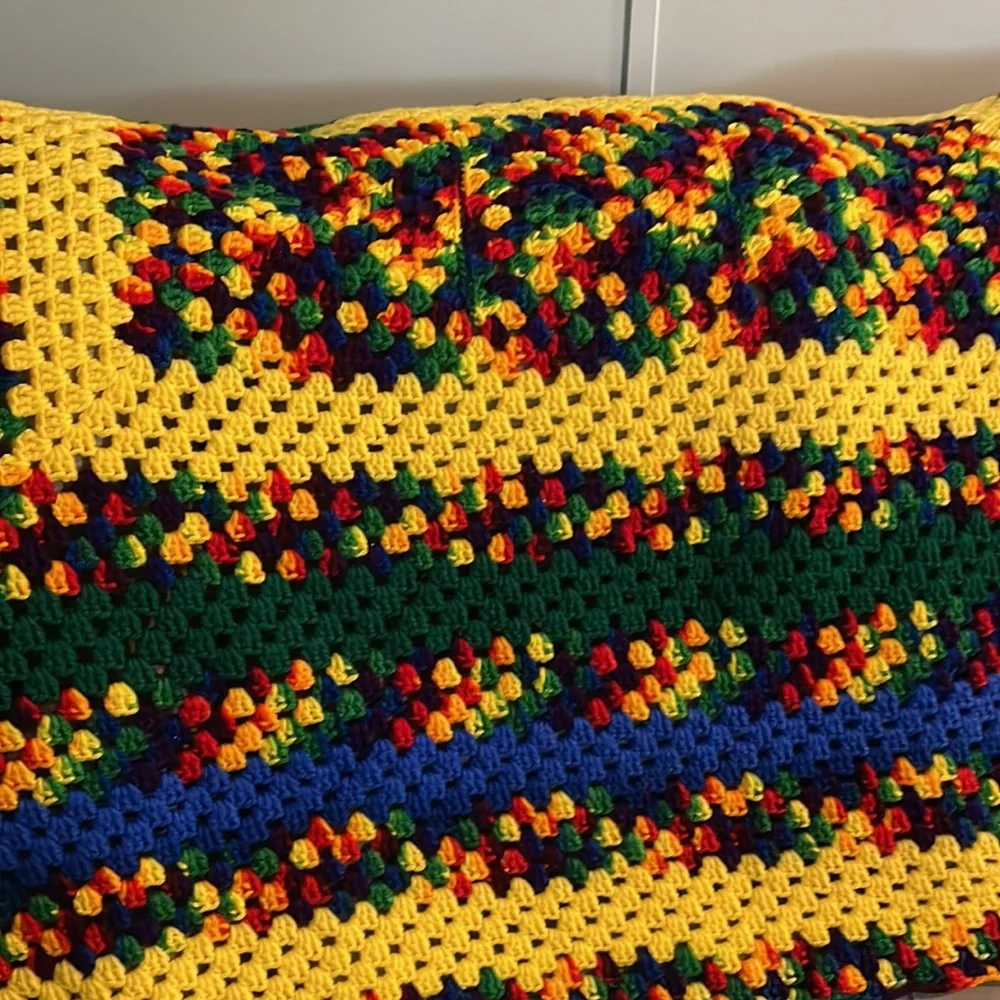 Beautiful vibrant colorful 55 x 43” handmade grandma/Roseanne Afghan throw